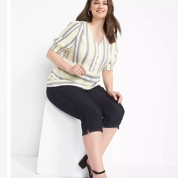 Lane Bryant Womens Striped Puff Sleeve Button-Front Peplum Top Size 14 - Picture 3 of 13